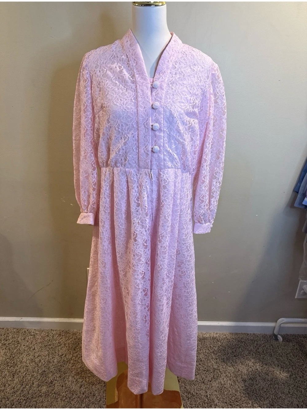 Vintage 70s Handmade Pink Lace Midi Dress Button-up Gathered Waist Cottagecore